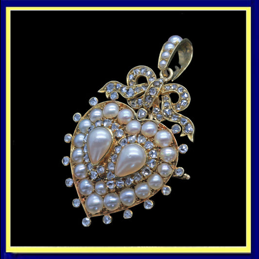 Antique pendant brooch gold pearls diamonds heart romantic 