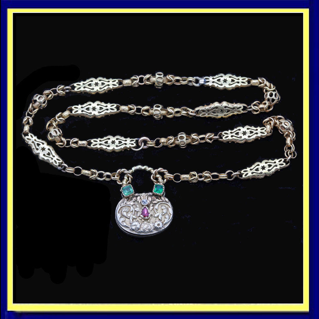 antique Georgian locket pendant gold chain emeralds ruby diamonds