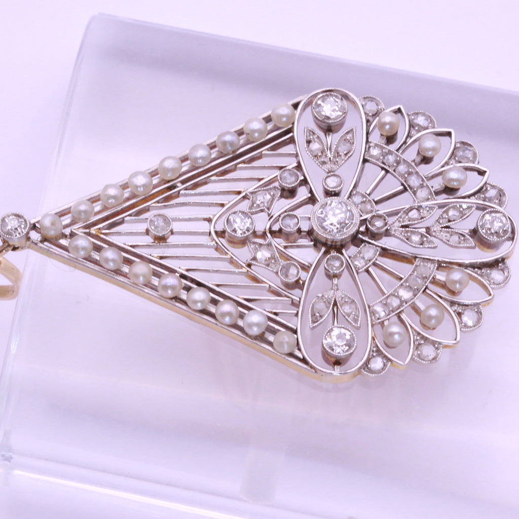 Antique Edwardian Pendant Platinum Gold Diamonds Pearls Europe Bridal (7194)