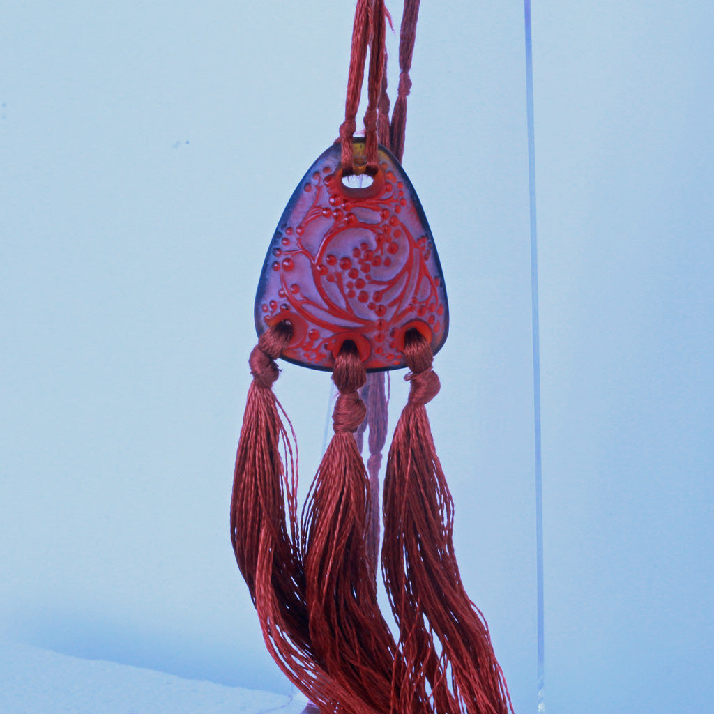 Antique Rene Lalique Pendant Rare Red Orange Glass Original silk Cords (7214)