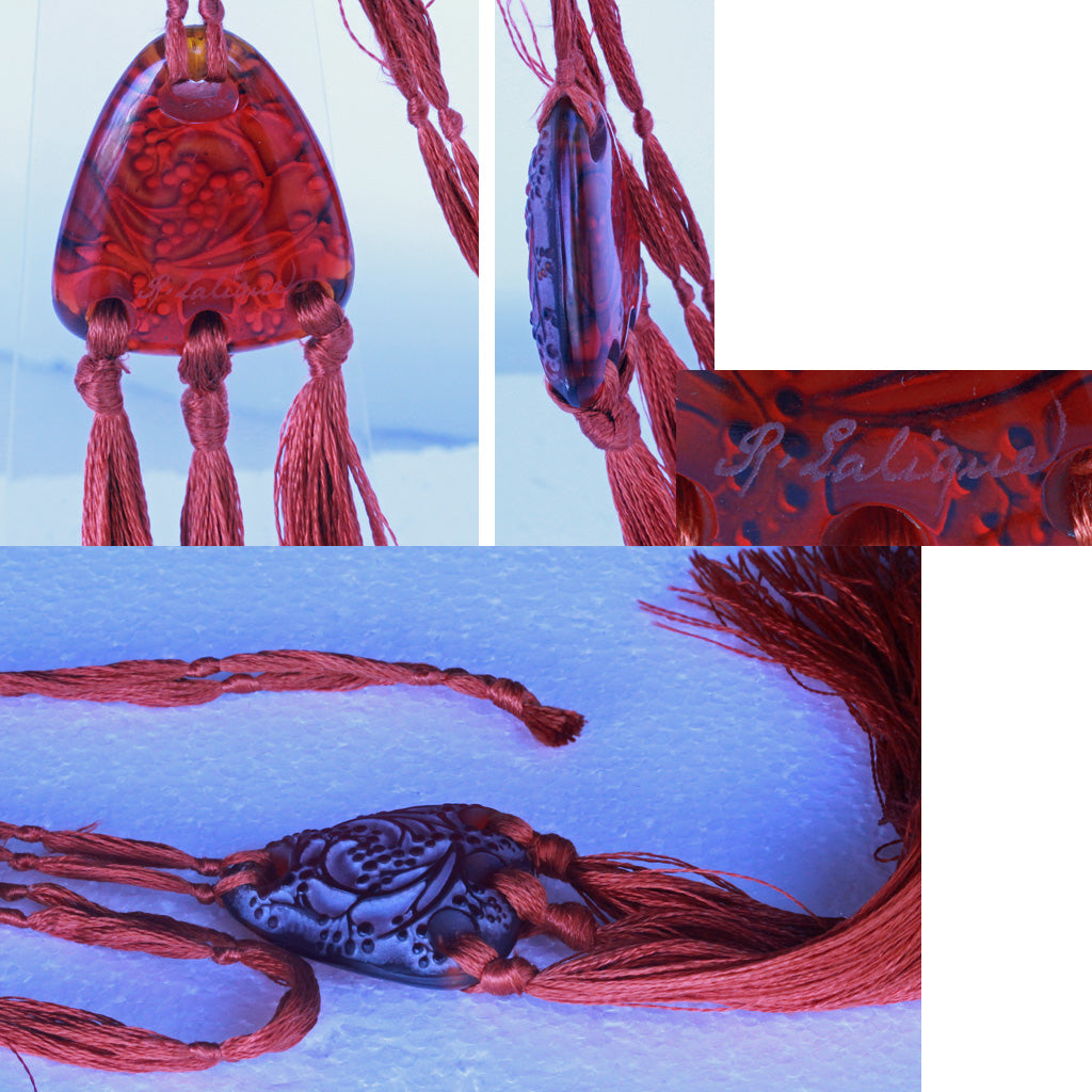 Antique Rene Lalique Pendant Rare Red Orange Glass Original silk Cords (7214)