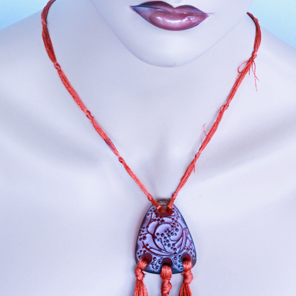 Antique Rene Lalique Pendant Rare Red Orange Glass Original silk Cords (7214)
