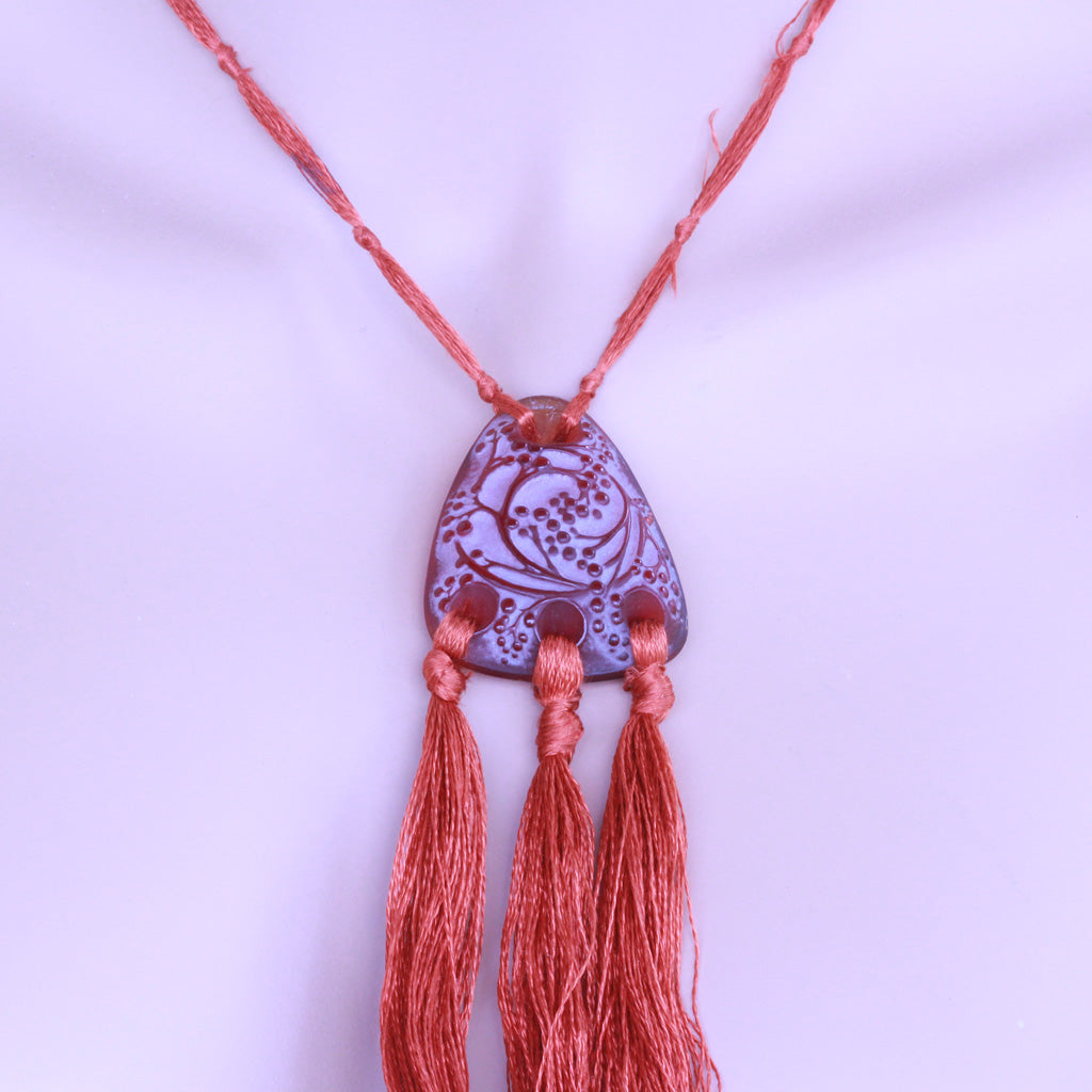 Antique Rene Lalique Pendant Rare Red Orange Glass Original silk Cords (7214)