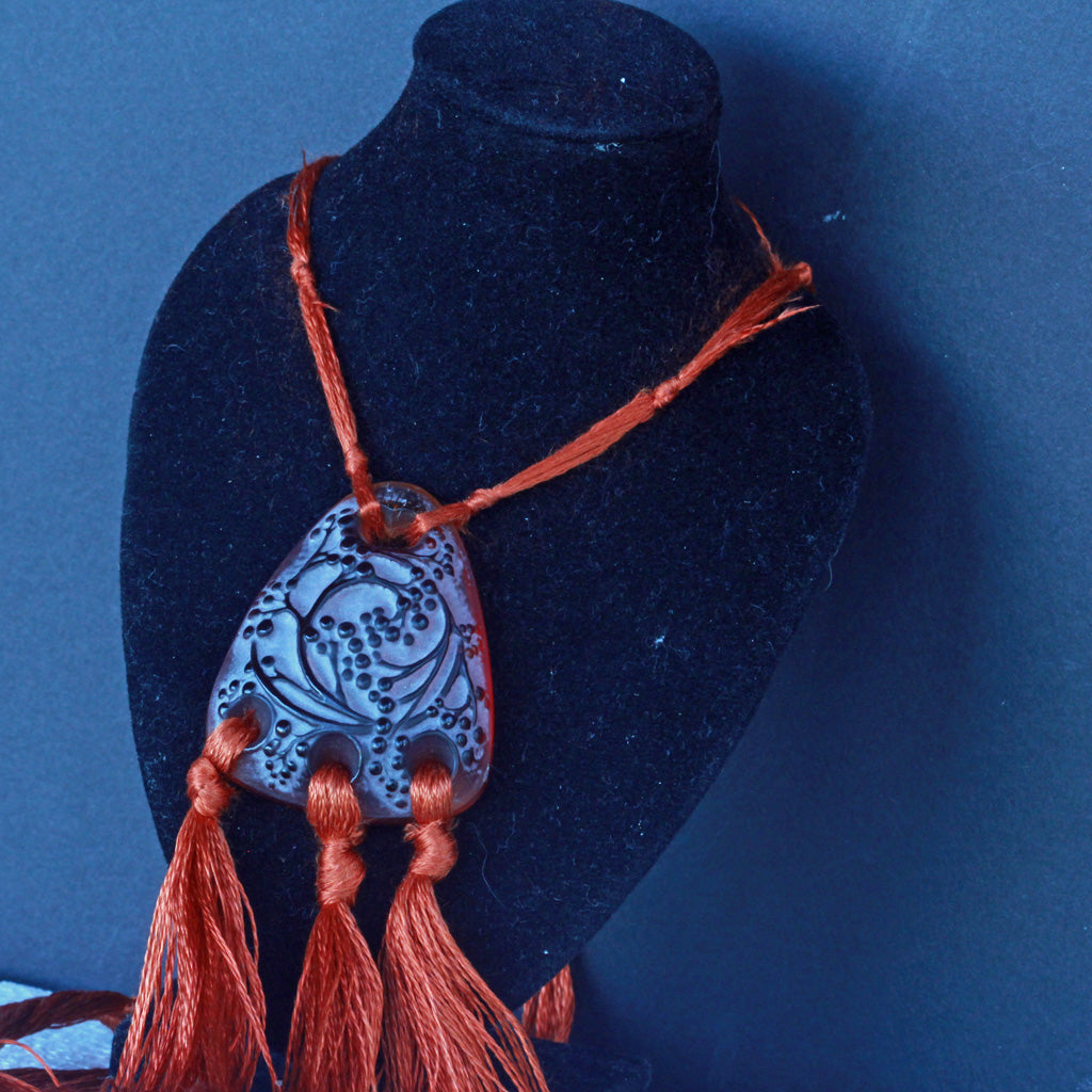 Antique Rene Lalique Pendant Rare Red Orange Glass Original silk Cords (7214)