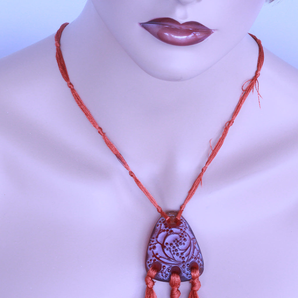 Antique Rene Lalique Pendant Rare Red Orange Glass Original silk Cords (7214)