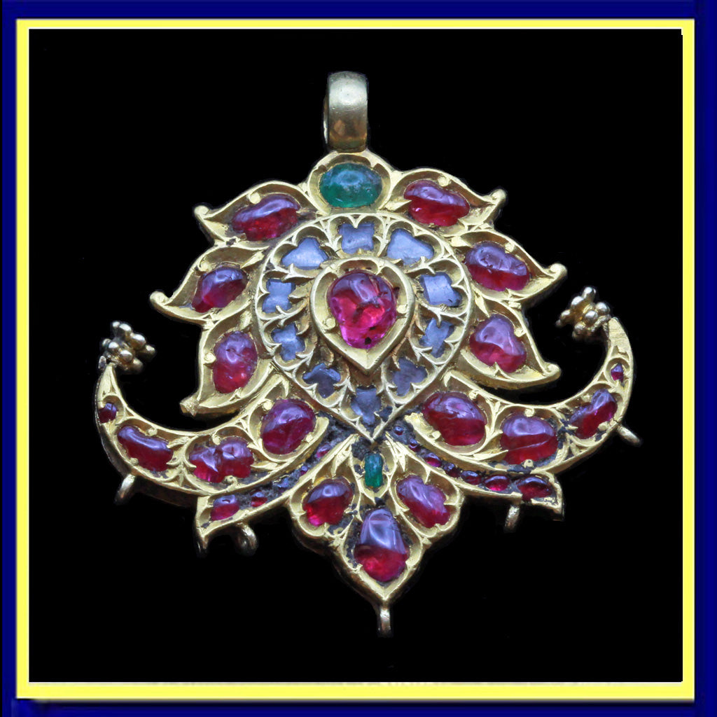 antique pendant gold rubies emeralds white sapphires Mughal peacocks
