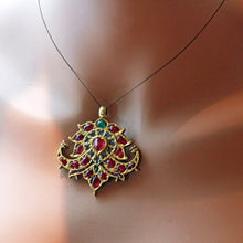 Antique Pendant 22k gold rubies, emeralds, white sapphires Mughal peacocks (7253)