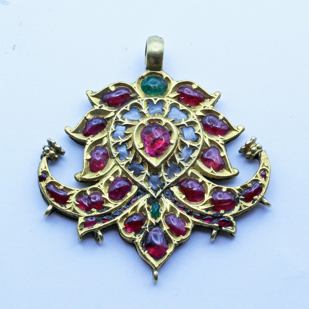 Antique Pendant 22k gold rubies, emeralds, white sapphires Mughal peacocks (7253)