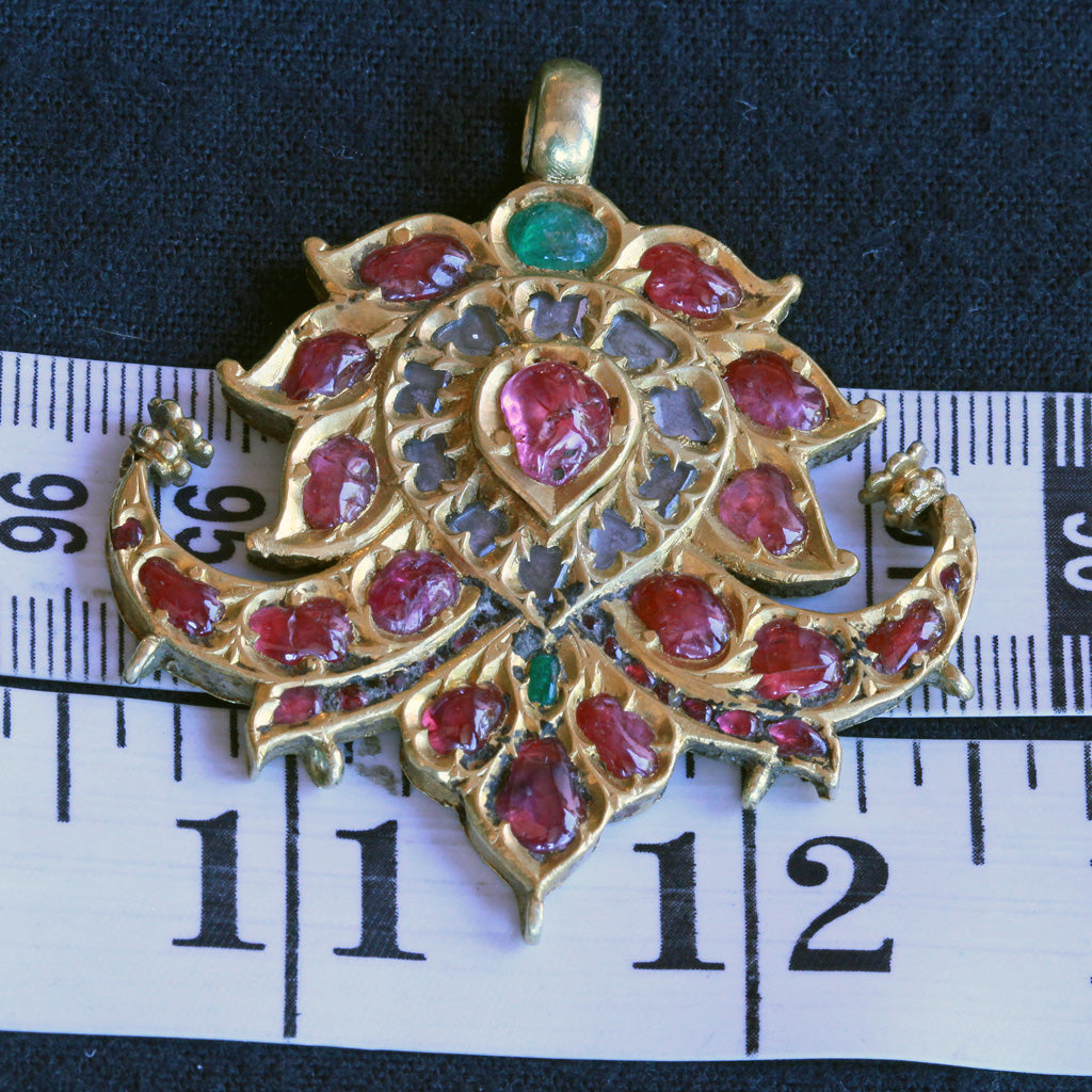 Antique Pendant 22k gold rubies, emeralds, white sapphires Mughal peacocks (7253)