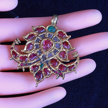 Antique Pendant 22k gold rubies, emeralds, white sapphires Mughal peacocks (7253)