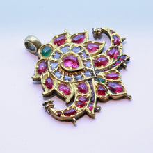 Antique Pendant 22k gold rubies, emeralds, white sapphires Mughal peacocks (7253)