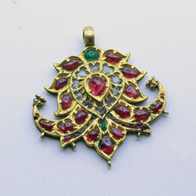 Antique Pendant 22k gold rubies, emeralds, white sapphires Mughal peacocks (7253)
