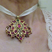 Antique Pendant 22k gold rubies, emeralds, white sapphires Mughal peacocks (7253)
