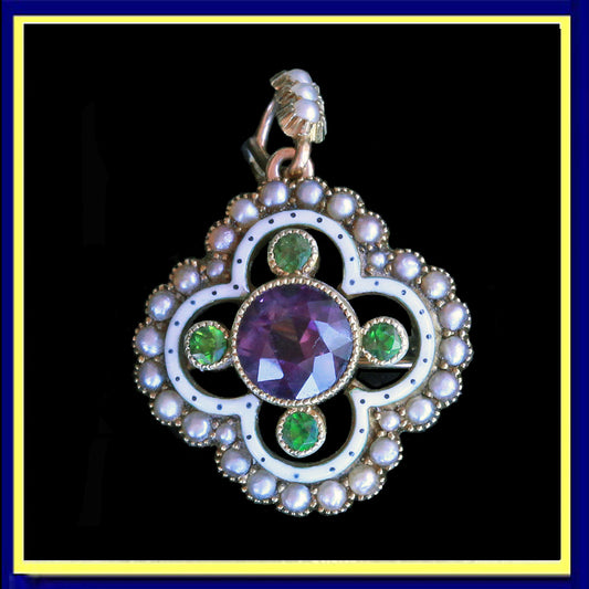 antique Suffragette pendant brooch gold amethyst demantoid pearls enamel