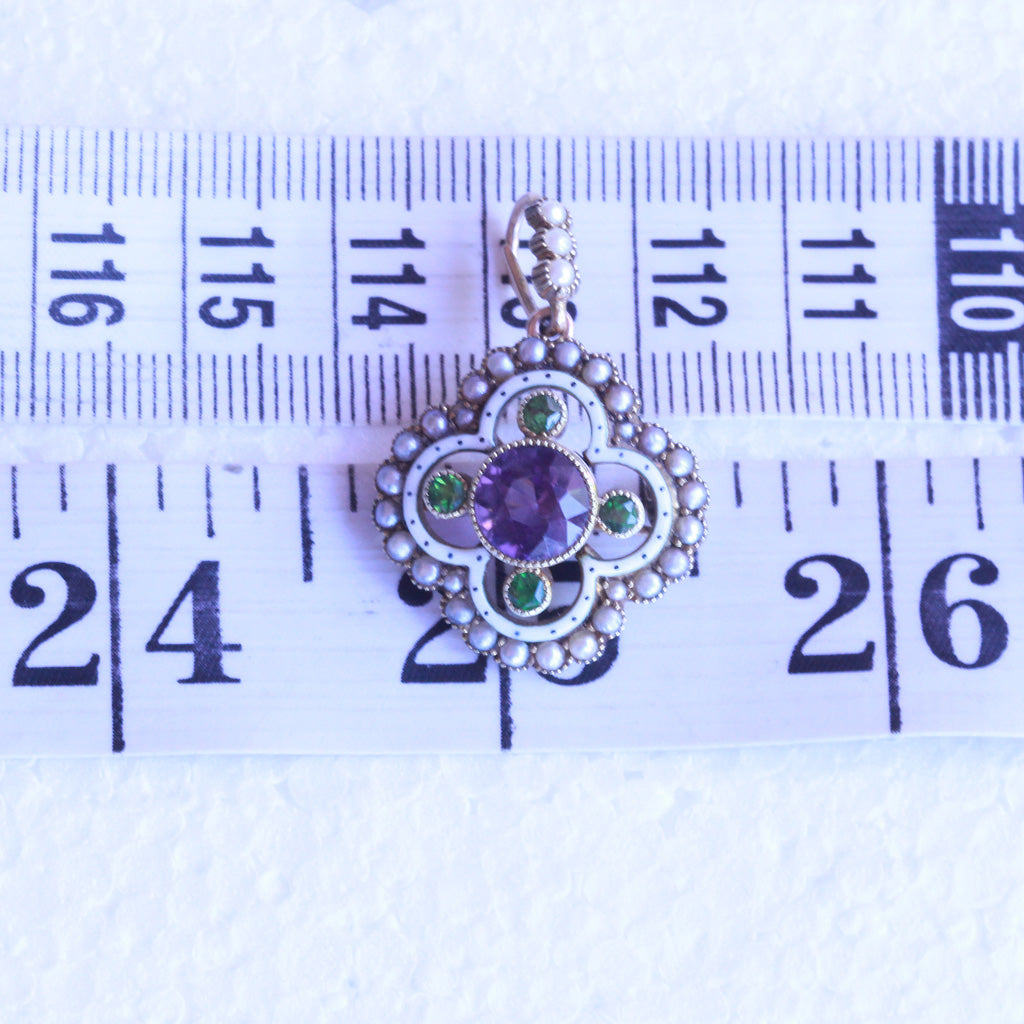 Antique Suffragette Pendant Brooch gold amethyst demantoid pearls enamel (7269)