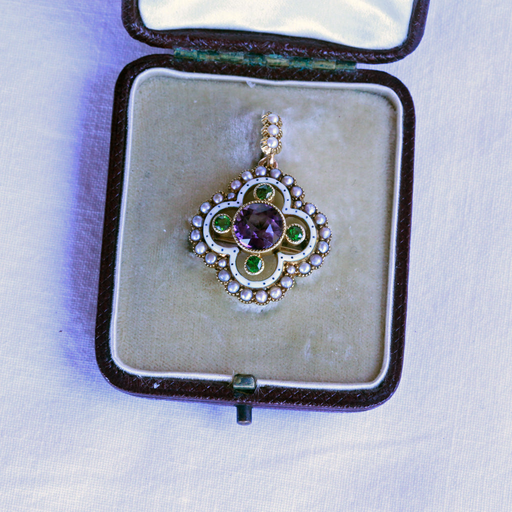 Antique Suffragette Pendant Brooch gold amethyst demantoid pearls enamel (7269)