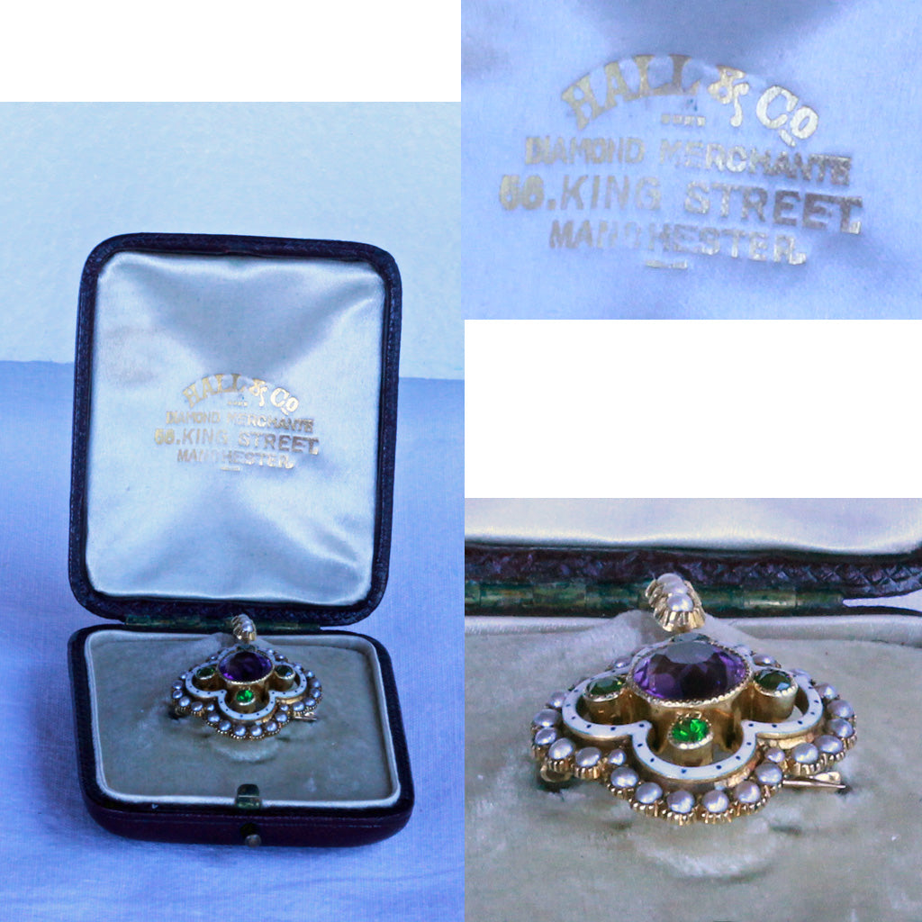 Antique Suffragette Pendant Brooch gold amethyst demantoid pearls enamel (7269)