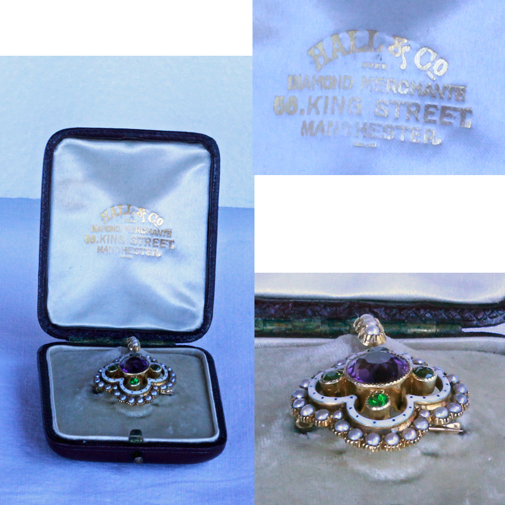 Antique Suffragette Pendant Brooch gold amethyst demantoid pearls enamel (7269)