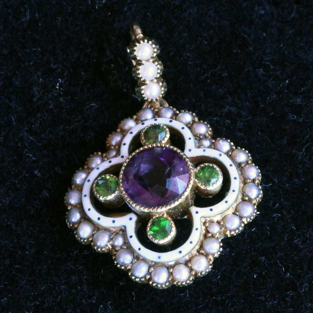 Antique Suffragette Pendant Brooch gold amethyst demantoid pearls enamel (7269)