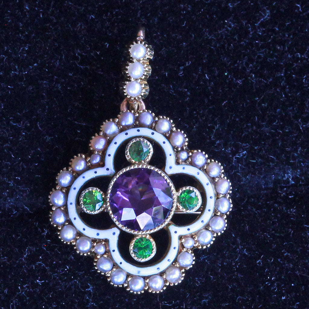 Antique Suffragette Pendant Brooch gold amethyst demantoid pearls enamel (7269)