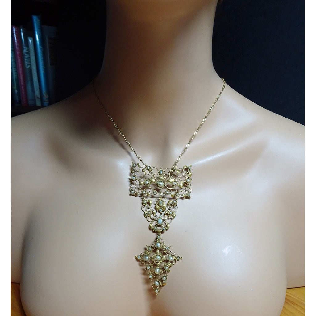 Antique Baroque pendant collar stomacher 19k gold pearls Venetian c1680 (7282)
