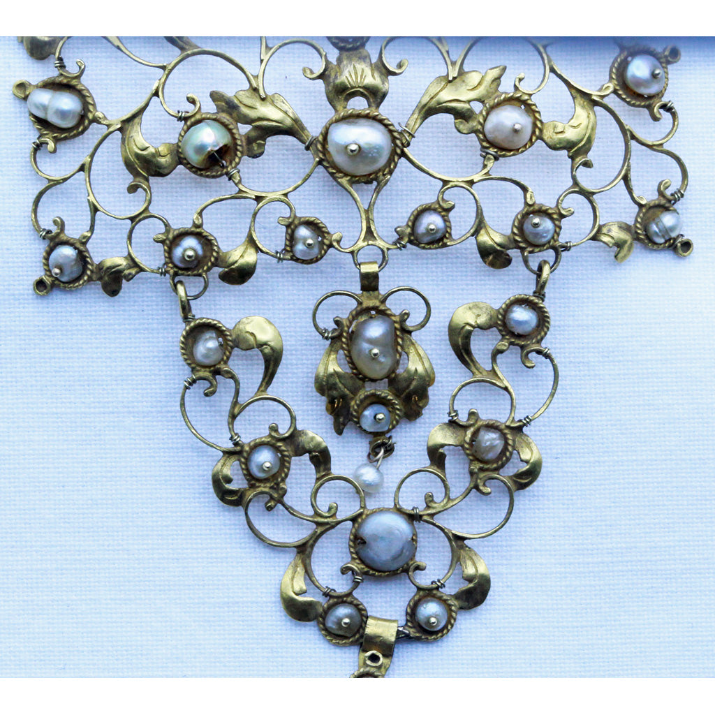 Antique Baroque pendant collar stomacher 19k gold pearls Venetian c1680 (7282)