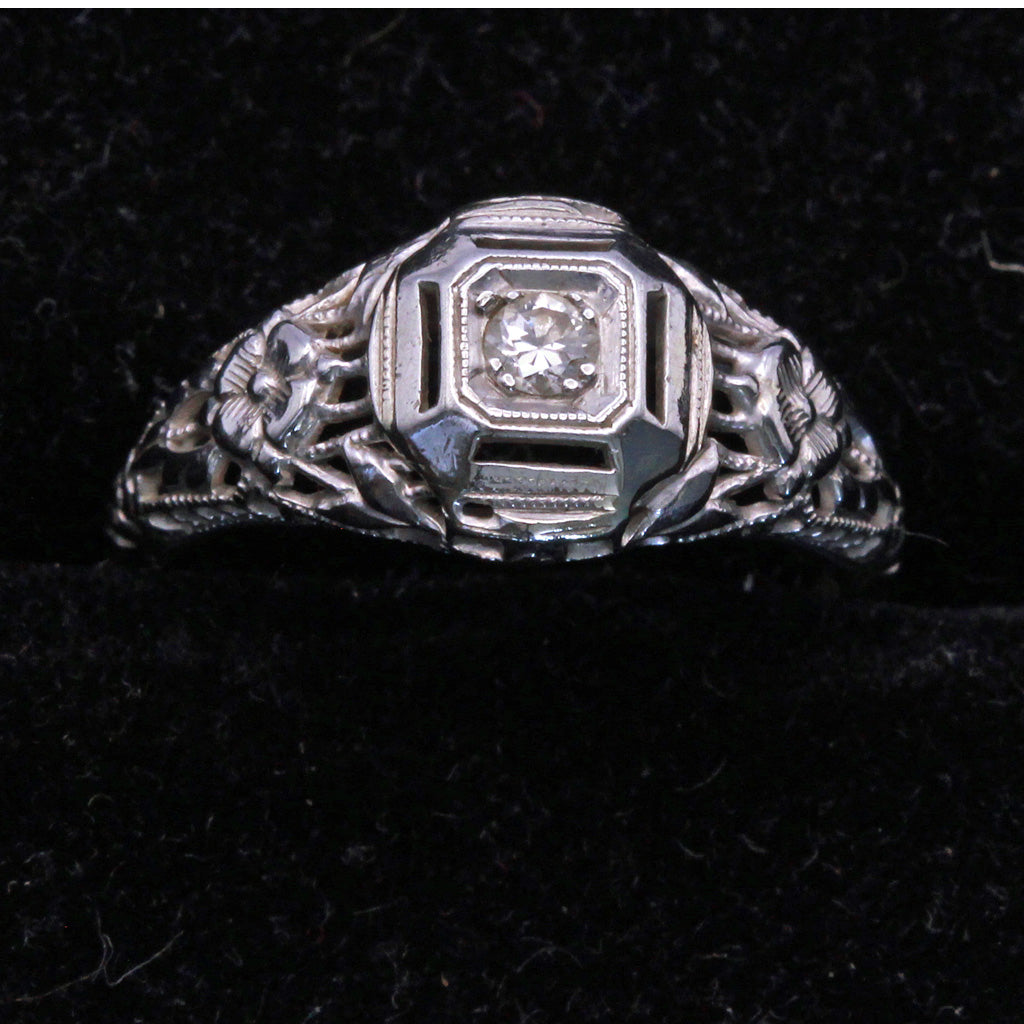 Antique Vintage Engagement Ring 18k White Gold Diamond Art Deco Small (6159)