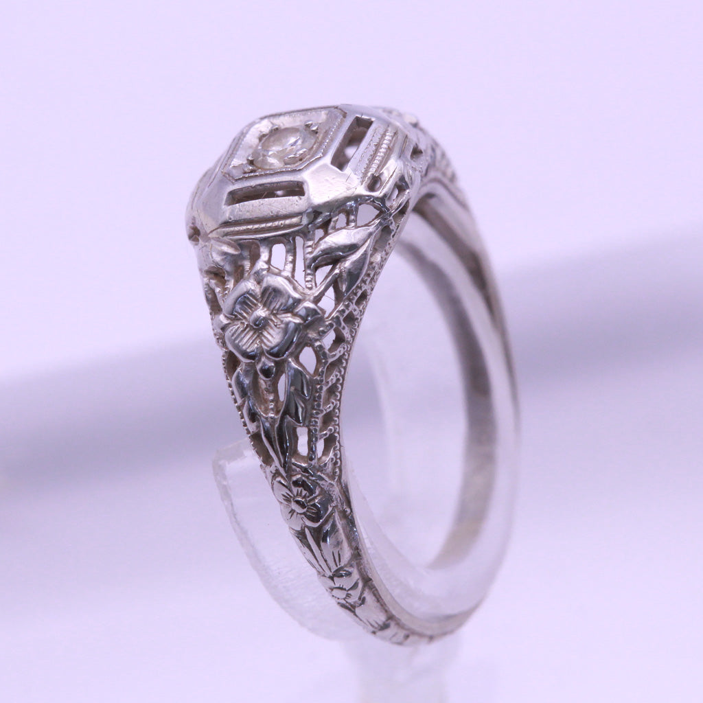 Antique Vintage Engagement Ring 18k White Gold Diamond Art Deco Small (6159)