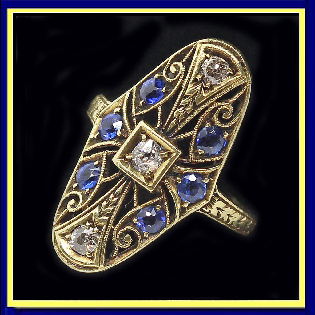 antique Arts and Crafts Art Nouveau ring gold sapphires diamonds