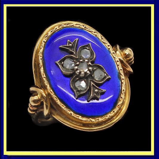Antique Victorian ring gold rose cut diamonds blue enamel