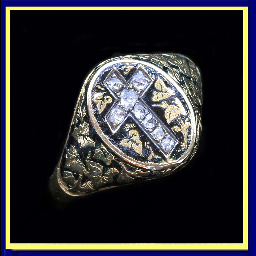 antique Georgian ring religion reliquary black enamel gold diamonds cross crucifix