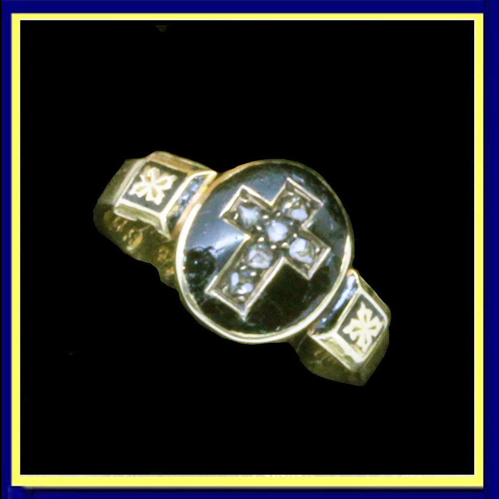 Antique Victorian mourning ring gold diamonds enamel cross locket