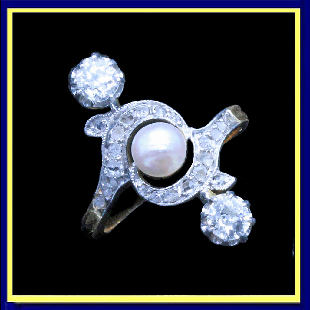 Antique Nouveau ring platinum gold diamonds pearl French