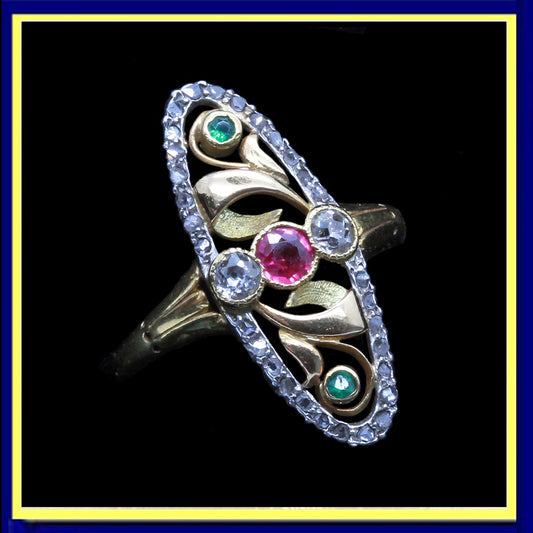 antique Art Nouveau ring gold platinum diamonds ruby emeralds French