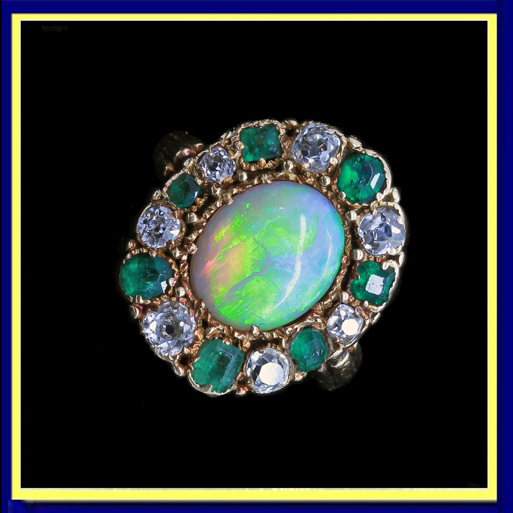 Antique Victorian ring gold opal diamonds emeralds