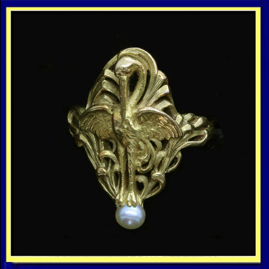 Antique Art Nouveau ring bird pearl gold French