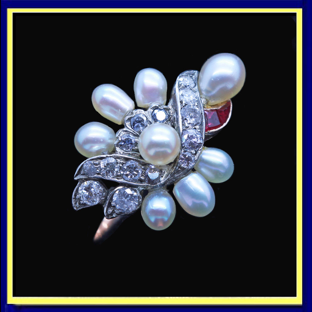 Antique Vintage Art Deco ring diamond ruby natural pearls GIA certificate