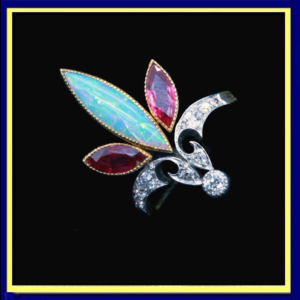 Art Nouveau ring platinum gold opal rubies diamonds French