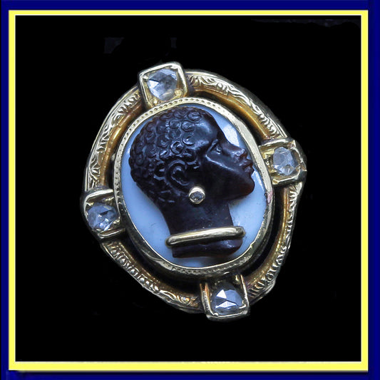 Antique Victorian ring Blackamoor cameo agate gold diamonds French