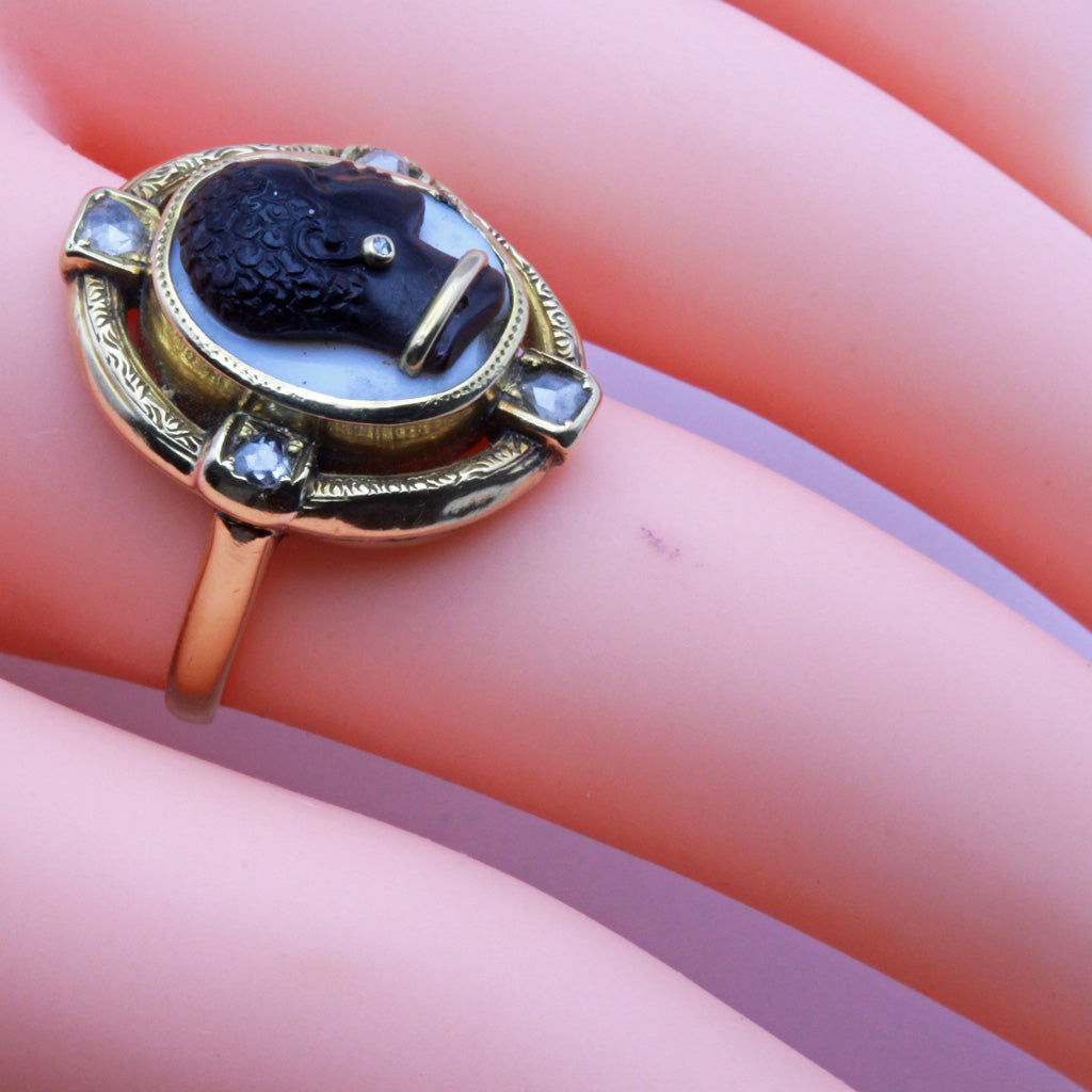 Antique Victorian Ring Blackamoor Cameo Agate 18k Gold Diamonds French (6741)