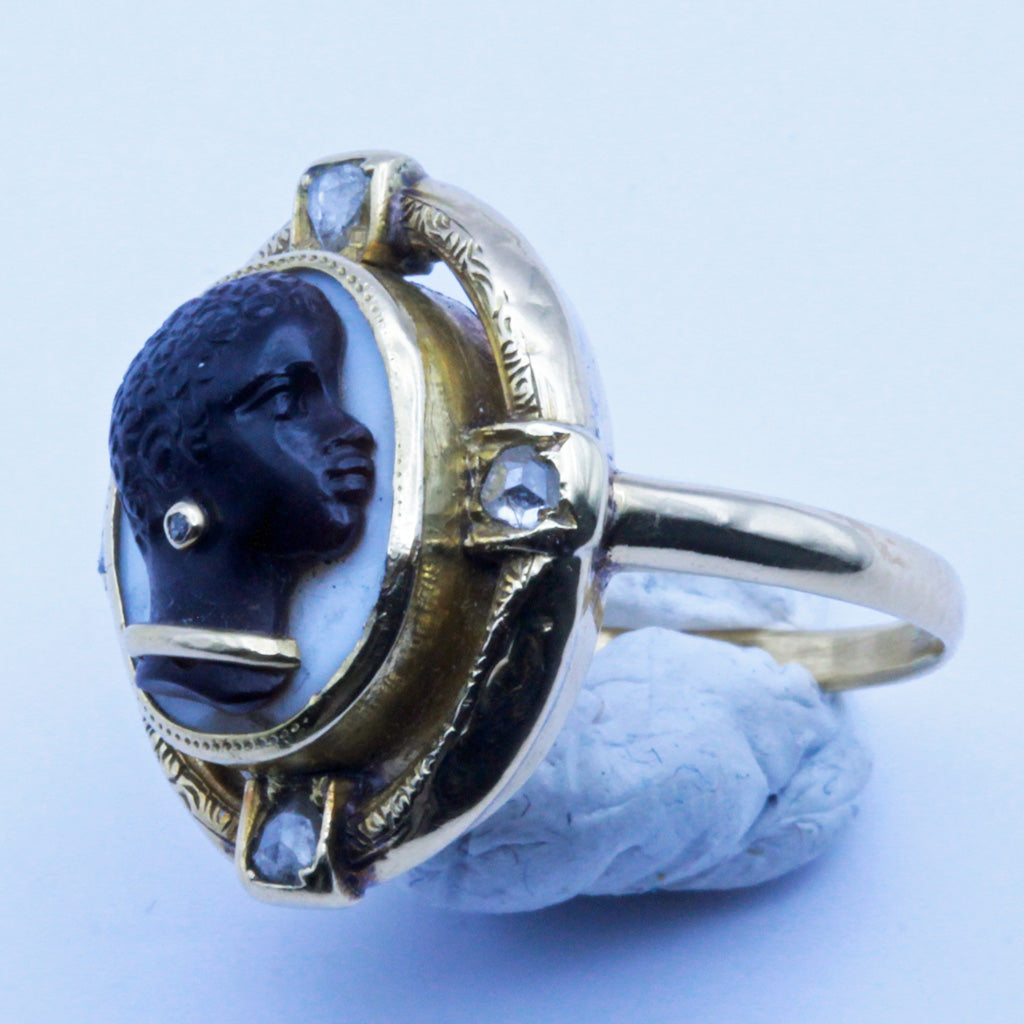 Antique Victorian Ring Blackamoor Cameo Agate 18k Gold Diamonds French (6741)