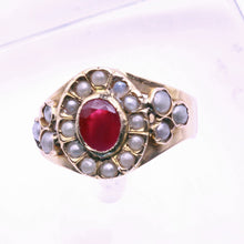 Antique Victorian French Ring 18k Gold Ruby Pearls (6797)