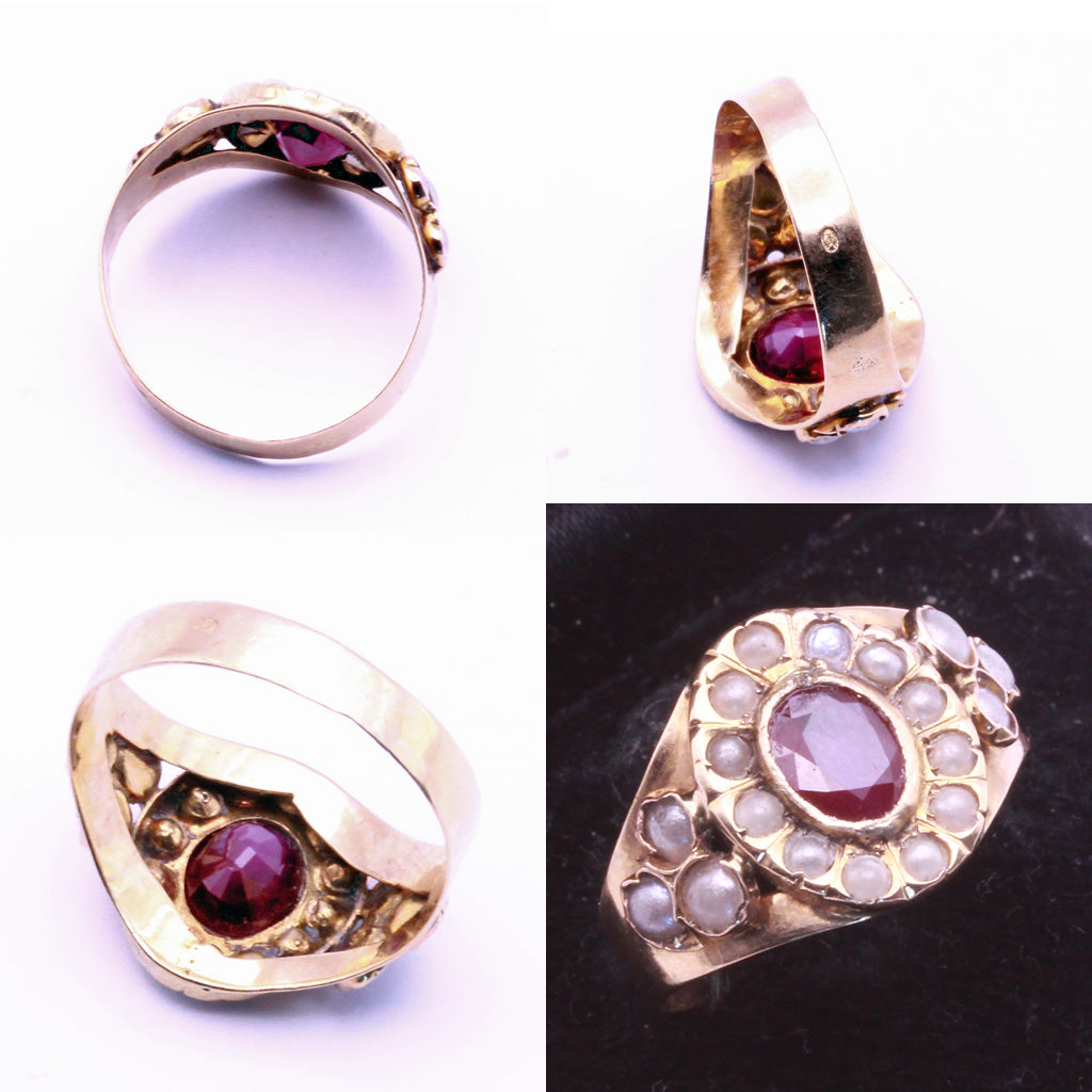 Antique Victorian French Ring 18k Gold Ruby Pearls (6797)
