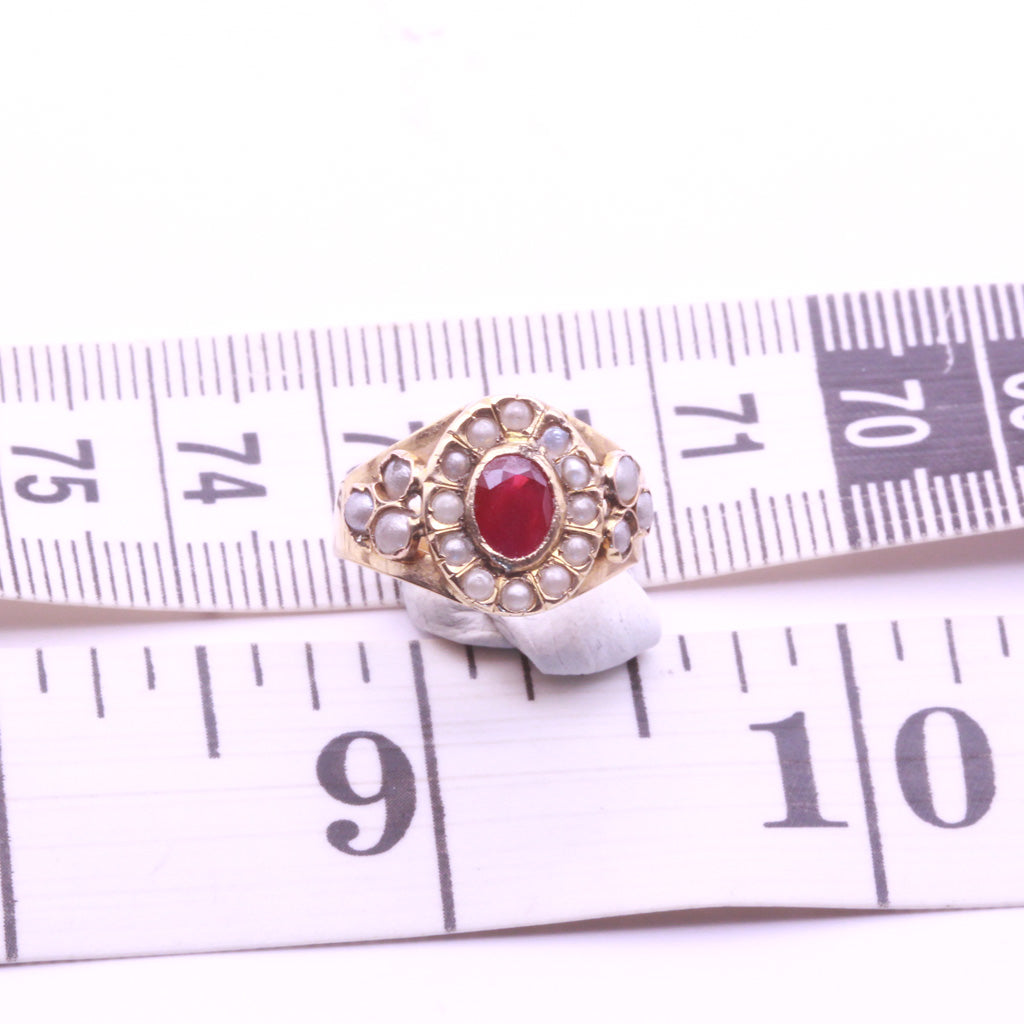 Antique Victorian French Ring 18k Gold Ruby Pearls (6797)