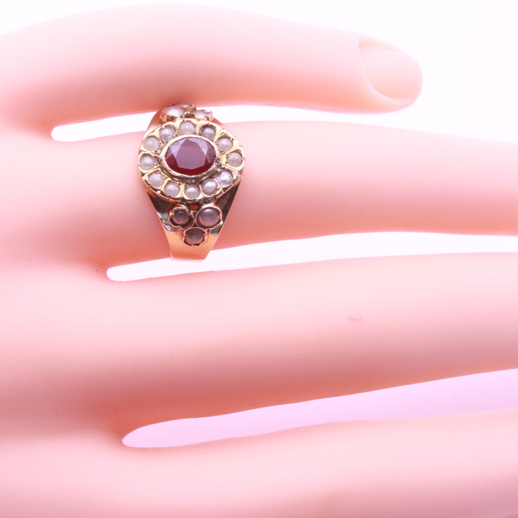 Antique Victorian French Ring 18k Gold Ruby Pearls (6797)