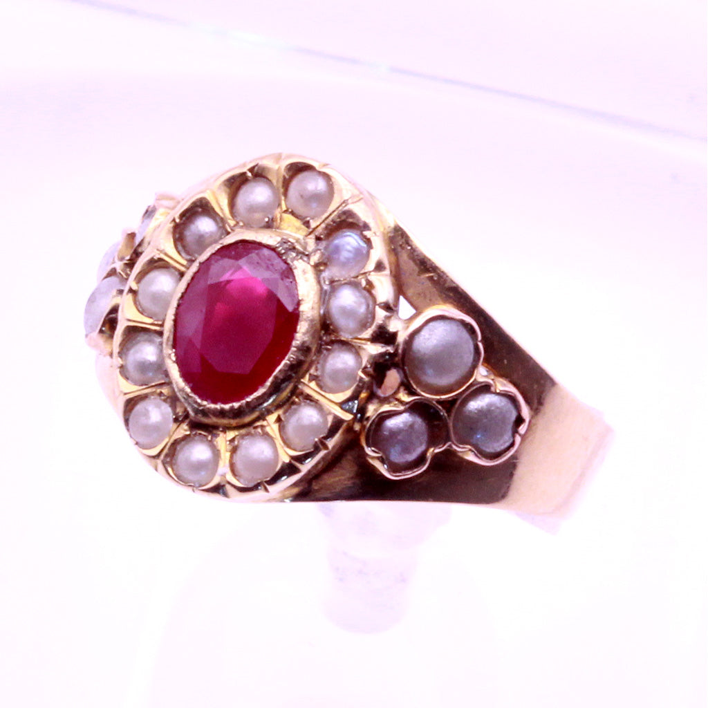 Antique Victorian French Ring 18k Gold Ruby Pearls (6797)