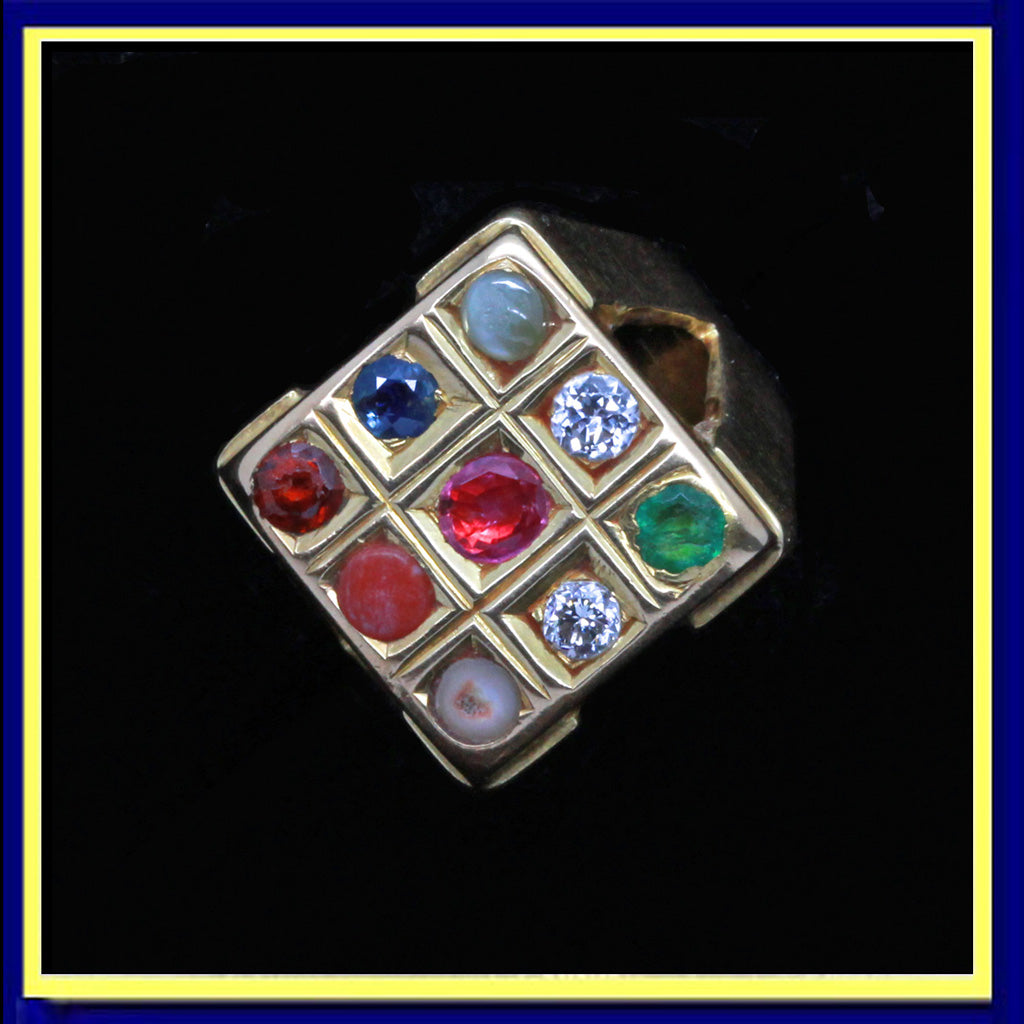 vintage Navaratna mans ring gold gems India diamond ruby sapphire