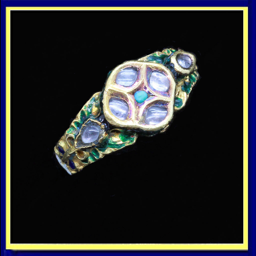 Antique ring gold enamel turquoise gems Rajastan India Unisex man woman
