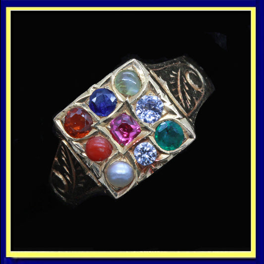 Antique Navaratna ring gold gems diamond sapphire amulet man woman
