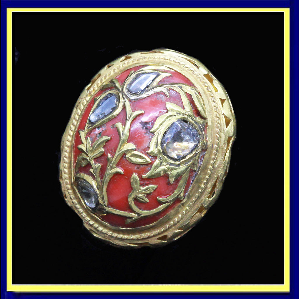 Antique ring gold large natural coral cabochon diamonds Unisex Man woman